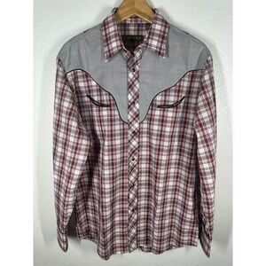 Roper Mens Plaid Western Snap Shirt Burgundy Grey Embroidered Cross Yoke Medium